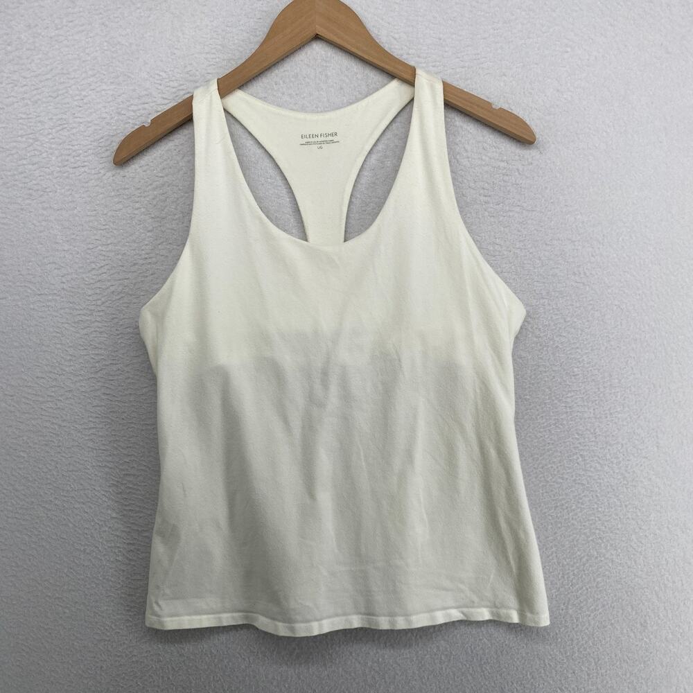 EILEEN FISHER Tank Top L Organic Cotton Jersey Racer Back Shelf Bra White USA